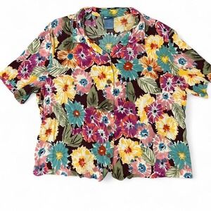Vintage retro Multicolor muted colorway floral‎ button-up PETITE XL